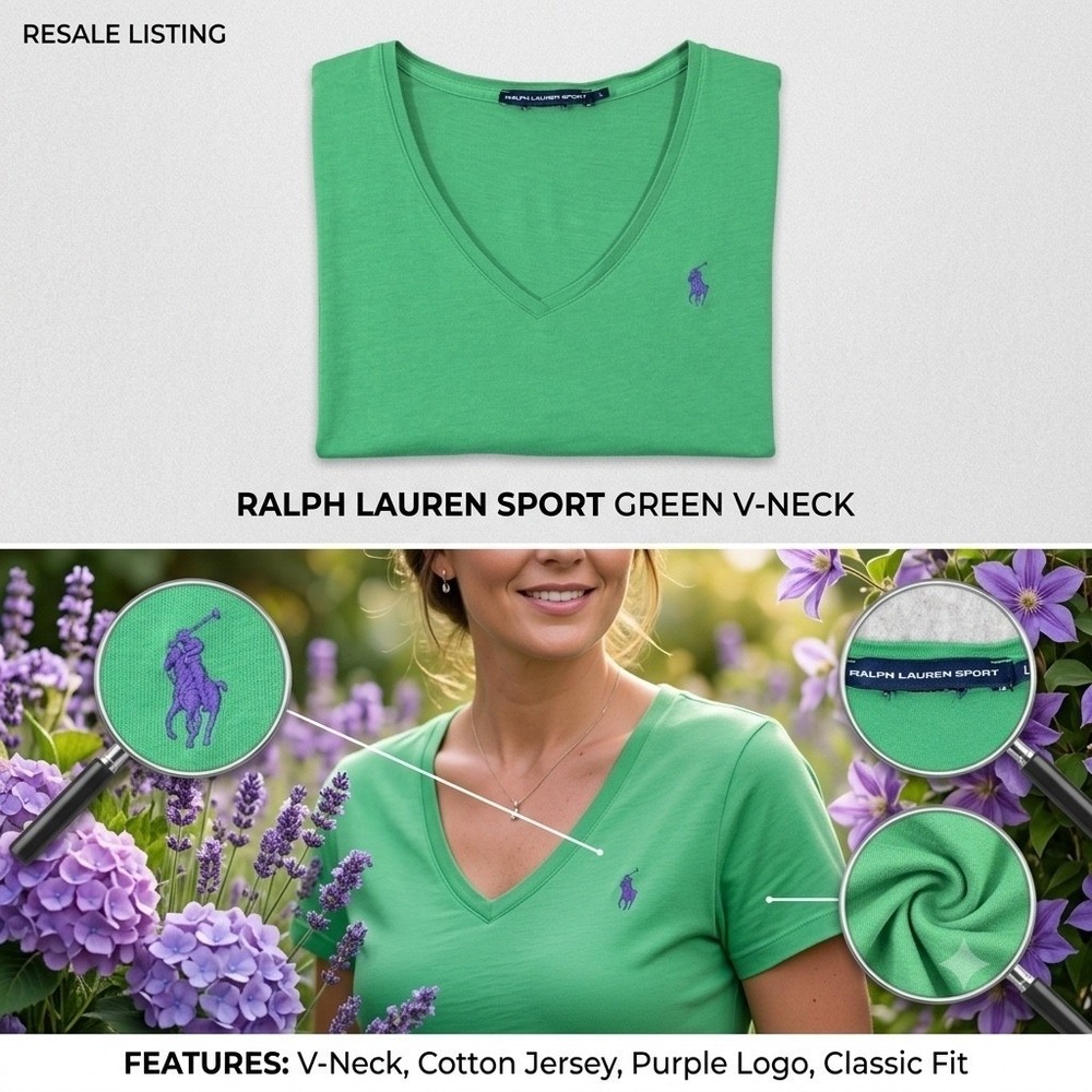 Ralph Lauren Sport Womens L V-Neck T-Shirt Short Sleeve Green Purple Pony Logo